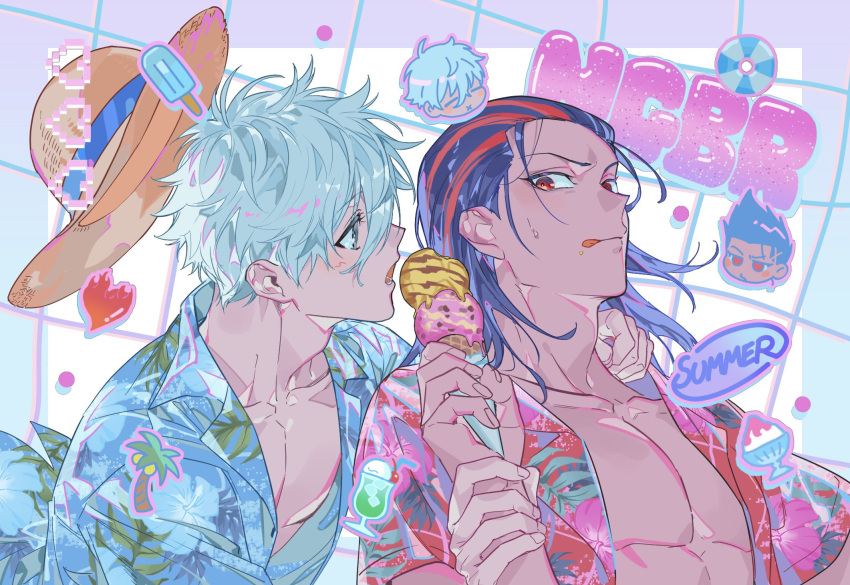 2boys barou_shouei black_hair blue_eyes blue_lock blue_shirt bomber_tarou food hat hawaiian_shirt highres holding holding_another's_wrist holding_food ice_cream ice_cream_cone looking_at_another male_focus medium_hair multiple_boys nagi_seishirou open_clothes open_mouth open_shirt red_eyes red_hair red_shirt shirt short_hair straw_hat tongue tongue_out white_hair yaoi