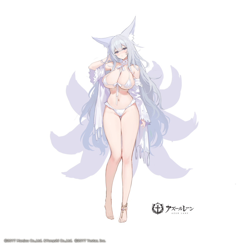 1girl absurdres animal_ear_fluff animal_ears artist_request azur_lane bare_shoulders barefoot bikini blush breasts cleavage commentary_request company_connection company_name copyright_name fox_ears fox_girl fox_tail full_body hand_up highres large_breasts logo long_hair long_sleeves looking_at_viewer multiple_tails navel off_shoulder official_art purple_eyes shinano_(azur_lane) shinano_(dreamy_white_sands)_(azur_lane) simple_background standing stomach swimsuit tail thighs toes white_background white_bikini