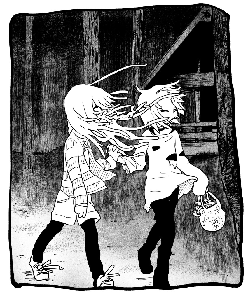 2girls basket border cabin choker commentary_request ear_piercing facing_another floating_hair forest greyscale hair_over_one_eye highres holding holding_basket holding_hands hoshi_syoko idolmaster idolmaster_cinderella_girls interlocked_fingers jacket long_bangs long_hair long_sleeves monochrome multiple_girls mushroom nature night one_eye_covered open_clothes open_jacket outdoors pants_under_shorts payama piercing print_shirt shirasaka_koume shirt shoes short_hair shorts side-by-side sleeves_past_fingers sleeves_past_wrists sneakers striped striped_jacket torn_clothes torn_shirt tree walking