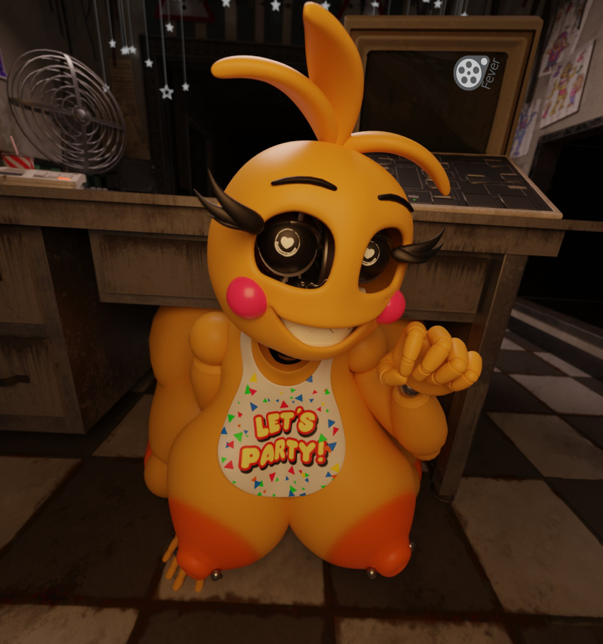 &lt;3 &lt;3_eyes 2023 3d_(artwork) 5_fingers animatronic anthro areola avian beakless bib big_breasts bird blush blush_stickers breasts checkered_floor chicken digital_media_(artwork) eyebrows eyelashes female feversfm fingers five_nights_at_freddy's five_nights_at_freddy's_2 galliform gallus_(genus) gesture hi_res looking_at_viewer lovetaste_chica machine nipples orange_areola orange_nipples phasianid robot runaboo_chica scottgames solo suggestive suggestive_gesture toy_chica_(fnaf) yellow_body