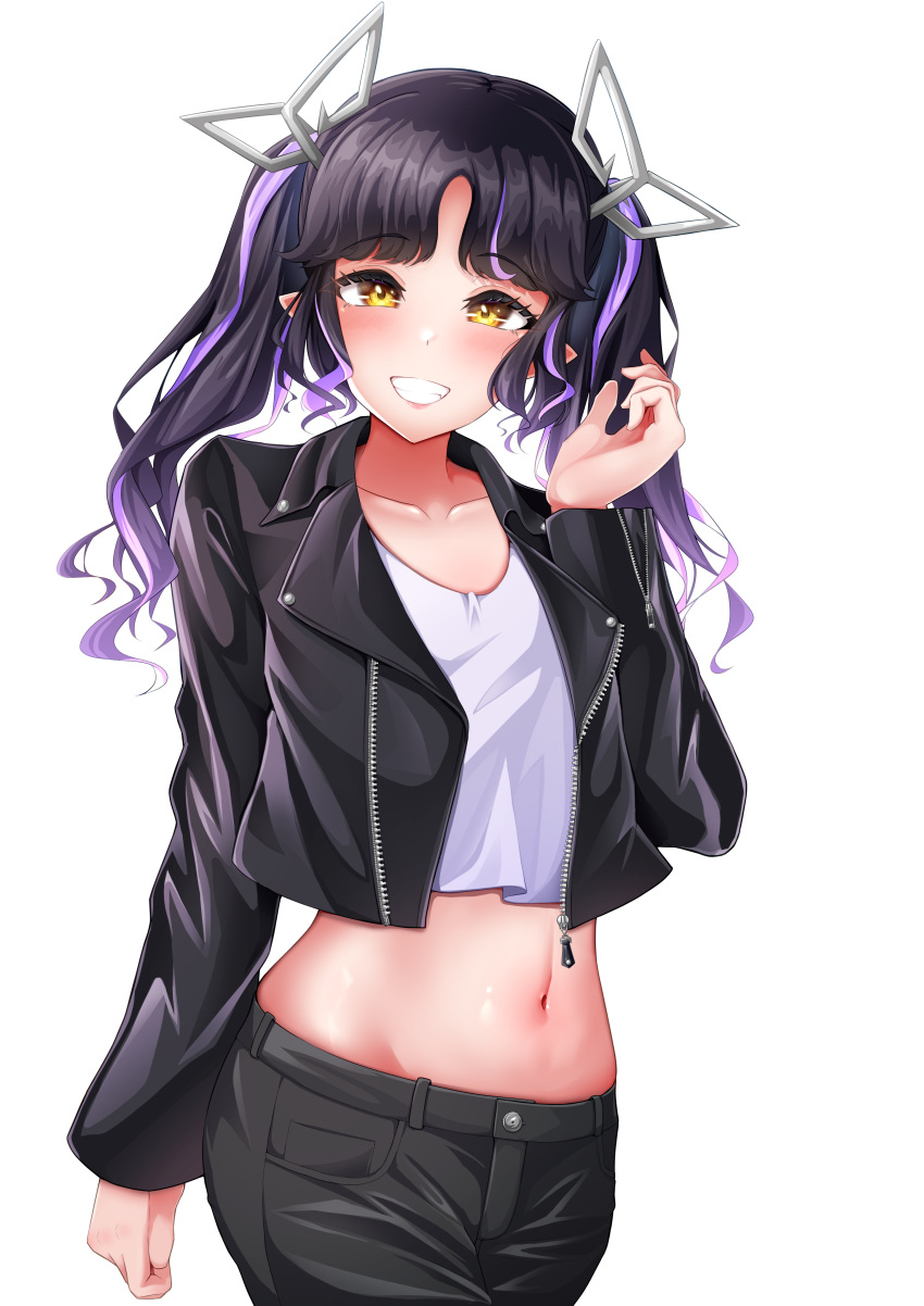 1girl absurdres alternate_costume black_hair black_jacket black_pants blush commentary_request cowboy_shot crop_top cropped_jacket demon_girl demon_horns grey_horns grey_shirt grin hand_up highres horns jacket kojo_anna long_hair looking_at_viewer medium_bangs midriff multicolored_hair nanashi_inc. navel open_clothes open_jacket pants parted_lips pointy_ears purple_hair robou_no_stone shirt simple_background smile solo transparent_background twintails two-tone_hair virtual_youtuber wavy_hair yellow_eyes zipper