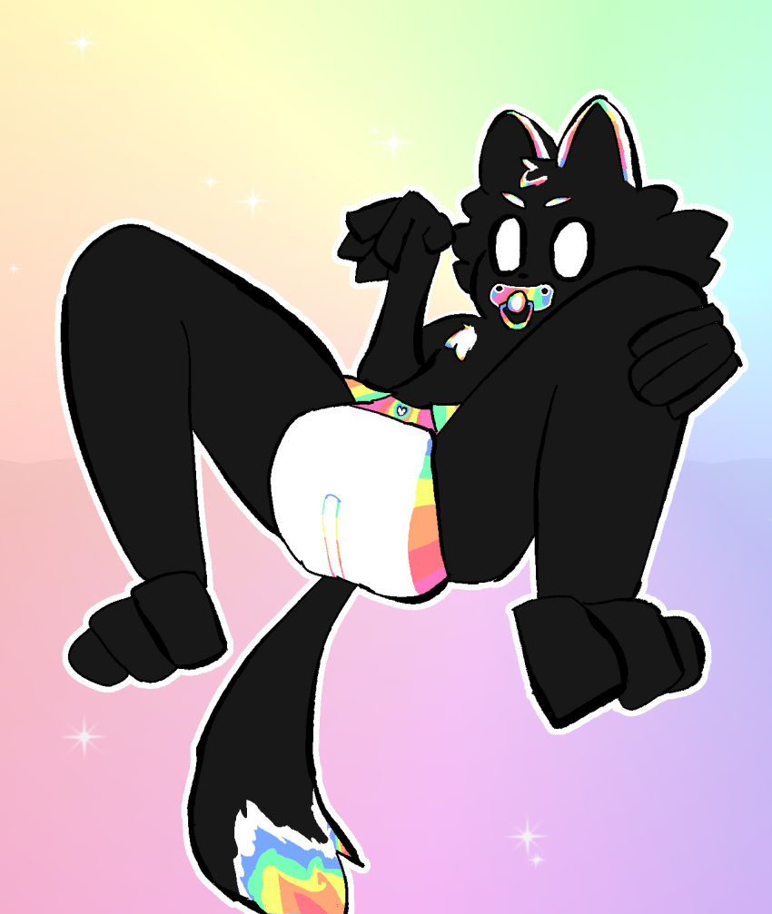 ambiguous_gender anthro black_body black_fur canid canine canis clowngang diaper domestic_dog fur hi_res mammal multicolored_body multicolored_fur pacifier pixelated presenting rainbow_body rainbow_fur solo