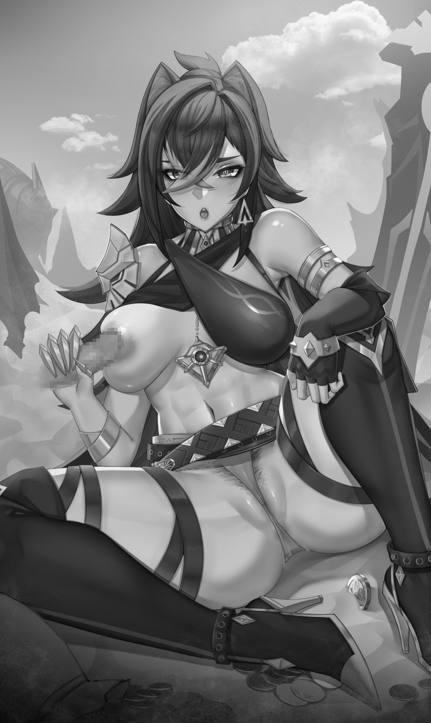 1girl absurdres bare_shoulders blush breasts cloud ctrlz77 dehya_(genshin_impact) disembodied_penis elbow_gloves female_pubic_hair fingerless_gloves genshin_impact gloves greyscale hetero high_heels highres looking_at_viewer monochrome navel one_breast_out open_mouth panties penis penis_grab penis_to_breast pubic_hair pubic_hair_peek sitting sky solo_focus thighhighs underwear