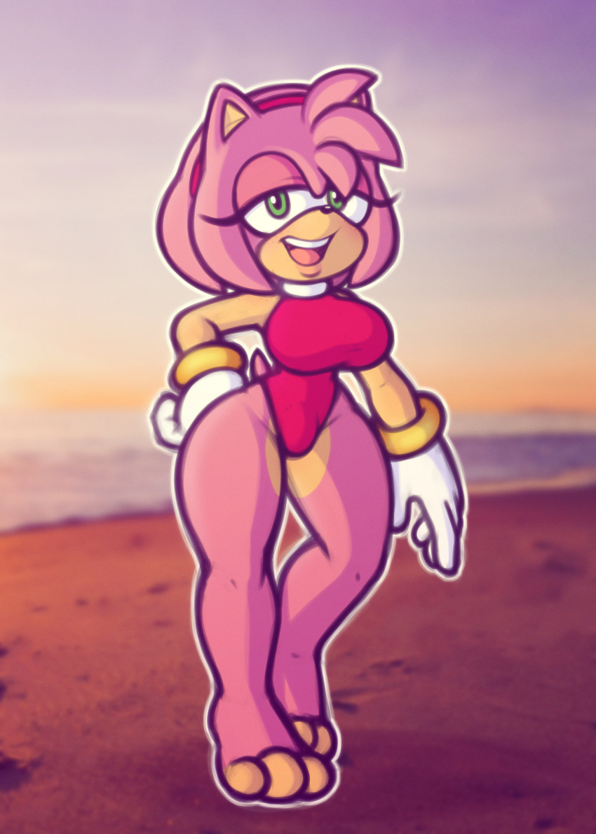 2023 absurd_res accessory amy_rose anthro beach bracelet bulge clothing eulipotyphlan feet female fur gloves green_eyes hair_accessory hairband handwear hedgehog hi_res jewelry leotard mammal one-piece_swimsuit pink_body pink_fur sea seaside sega solo sonic_the_hedgehog_(series) stunnerpony swimwear trans_(lore) trans_woman_(lore) water