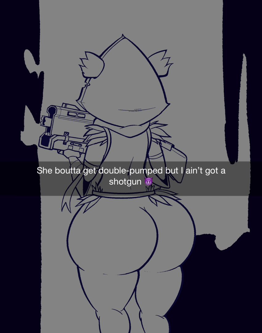 abunbot anthro bear big_butt butt digital_media_(artwork) epic_games female fortnite gun hi_res mammal ranged_weapon raven_team_leader shotgun simple_background snapchat solo thick_thighs weapon wide_hips