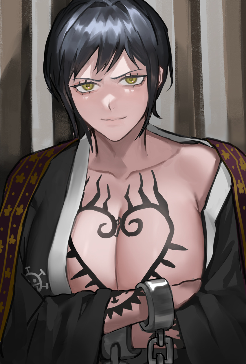 1girl arm_tattoo black_hair black_kimono breast_tattoo breasts closed_mouth crossed_arms cuffs genderswap genderswap_(mtf) handcuffs haori highres japanese_clothes kimono large_breasts looking_at_viewer moray_of_bone one_piece open_clothes open_kimono partially_undressed short_hair smirk solo tattoo trafalgar_law yellow_eyes