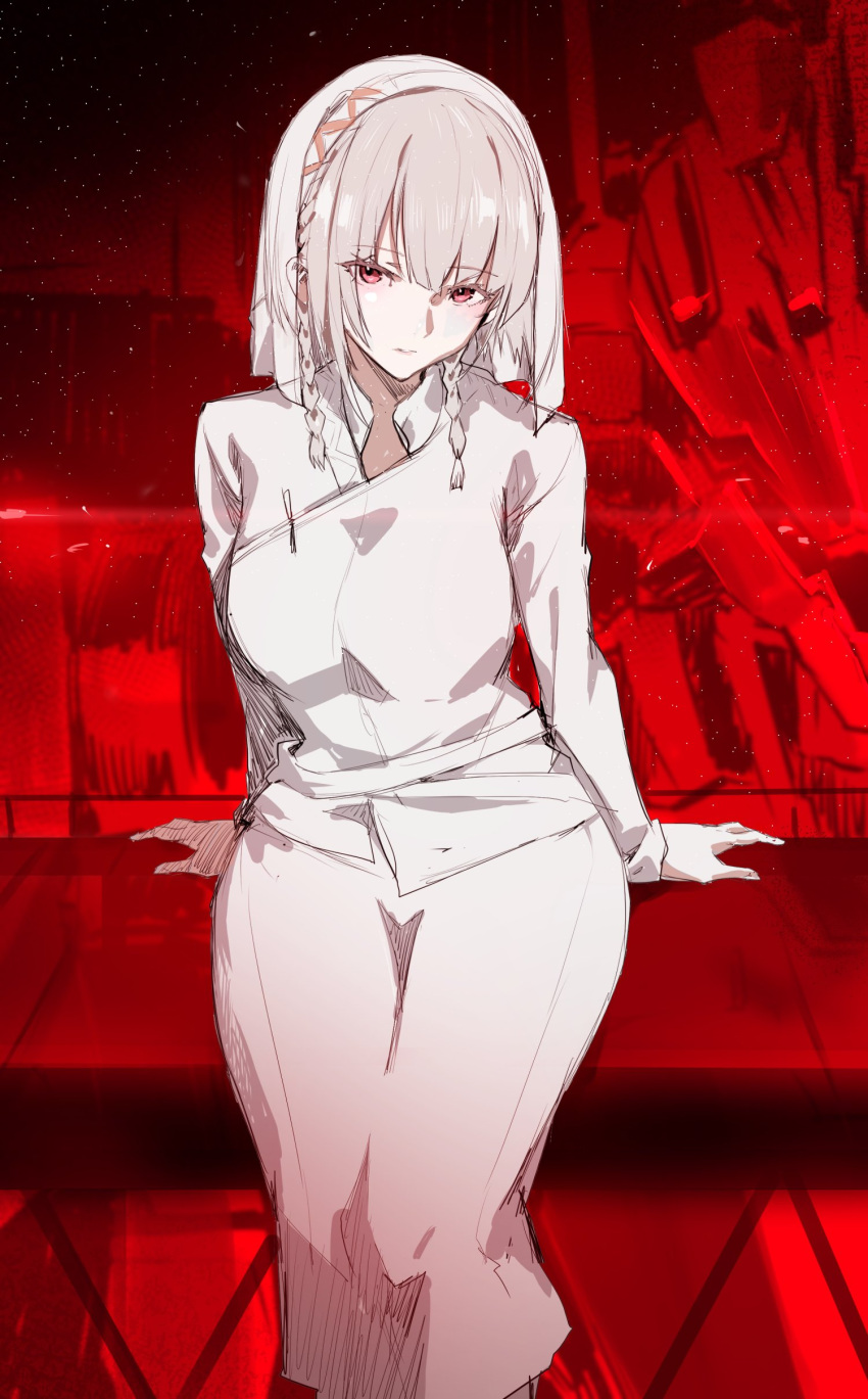 1girl absurdres armored_core armored_core_6 ayre_(armored_core_6) braid breasts expressionless grey_hair highres las91214 long_skirt long_sleeves looking_at_viewer medium_breasts personification red_eyes shirt sitting skirt solo twin_braids white_shirt white_skirt