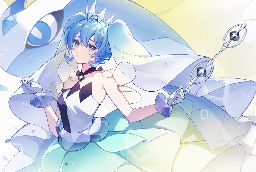 1girl absurdres aurorus blue_eyes blue_hair commentary_request diamond_(shape) dress frilled_dress frills gloves gradient_hair hatsune_miku highres holding holding_wand kanvien multicolored_hair off_shoulder pokemon pokemon_(creature) project_voltage rock_miku_(project_voltage) smile tiara veil vocaloid wand white_gloves