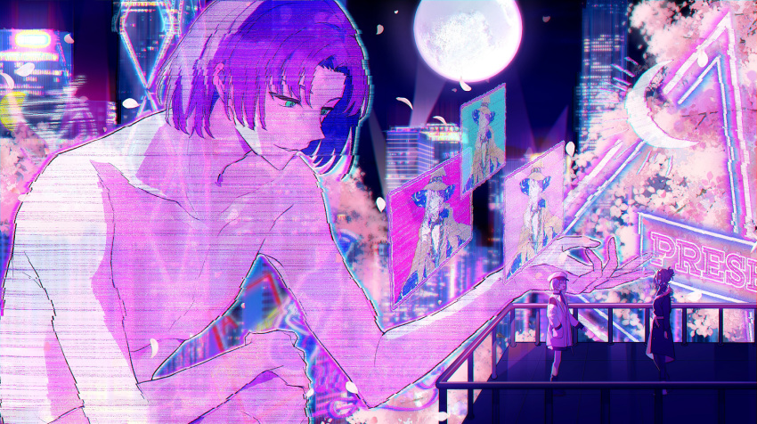 2boys black_coat blade_runner_2049 city coat colored_skin crossover eye_mask full_moon green_eyes hair_bun hat highres hologram mahoutsukai_no_yakusoku male_focus mask moon multiple_boys murr_hart neon_lights night nude outdoors pink_skin purple_hair rooftop sakuraihum short_hair shylock_bennett white_coat white_headwear