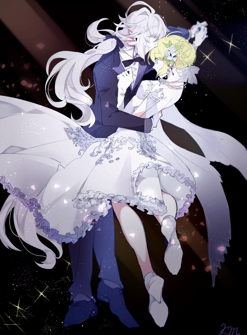 1boy absurdres alternate_costume artoria_pendragon_(fate) black_bow black_bowtie blonde_hair blue_eyes blue_ribbon bow bowtie dancing dress earrings fate/grand_order fate_(series) flower_knot formal full_body gloves hair_between_eyes high_heels highres jewelry long_hair merlin_(fate) misato_karuha necklace pants petals profile purple_pants purple_suit ribbon rose_petals saber shirt signature suit wedding wedding_dress white_dress white_gloves white_hair white_ribbon white_shirt