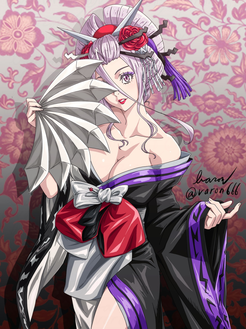1girl adapted_costume bare_shoulders baron_(varon666) breasts cleavage collarbone eyeshadow fuuto_tantei hair_up highres japanese_clothes kamen_rider kamen_rider_double_(fangjoker) kamen_rider_w large_breasts lipstick makeup purple_eyes purple_hair solo tokime_(fuuto_tantei)