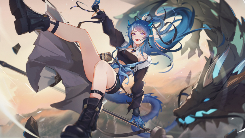 1girl absurdres arknights black_jacket black_shorts blue_hair boots dragon eastern_dragon highres horns jacket ling_(arknights) ling_(towering_is_cliff_of_nostalgia)_(arknights) long_hair midriff navel pointy_ears purple_eyes shorts staff szh---