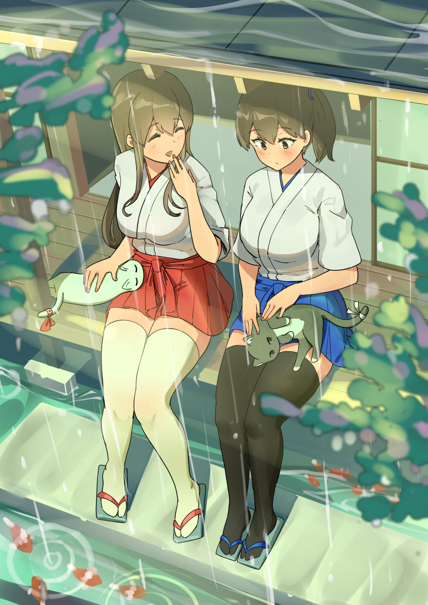 2girls absurdres akagi_(kancolle) animal animal_on_lap architecture black_cat black_thighhighs blue_hakama blush breasts brown_eyes brown_hair building cat cat_on_lap closed_eyes commentary_request day east_asian_architecture fish floor from_above geta hair_between_eyes hair_ornament hair_over_shoulder hakama hakama_skirt highres japanese_clothes kaga_(kancolle) kantai_collection kimono knees_together_feet_apart koi large_breasts leaf legs_together long_hair looking_at_animal looking_at_another multicolored_fur multiple_girls on_floor on_lap osananajimi_neko outdoors patting pleated_skirt pond ponytail rain red_hakama red_ribbon ribbon ripples rooftop short_kimono shouji side_ponytail sitting skirt sliding_doors swept_bangs tail tail_ornament tail_ribbon terrace thighhighs tile_roof water water_drop white_cat white_kimono white_ribbon white_thighhighs wooden_floor