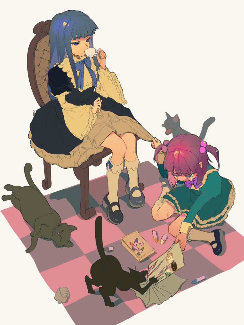 2girls akatinaishiteru animal aqua_dress black_cat black_dress black_footwear blue_bow blue_bowtie blue_eyes blue_hair blunt_bangs blunt_ends bow bowtie cat checkered_floor child's_drawing closed_eyes clothes_grab crayon crayon_drawing crumpled_paper crying cup cuts dress drinking frederica_bernkastel frilled_dress frilled_sleeves frilled_socks frills from_above full_body hair_bobbles hair_ornament half-closed_eyes highres hime_cut holding holding_cup indoors injury juliet_sleeves layered_dress long_hair long_sleeves mary_janes multiple_girls on_chair on_floor open_mouth pink_hair puffy_sleeves purple_bow purple_bowtie scratching shoes short_hair short_twintails sidelocks sitting socks straight_hair teacup tears torn torn_paper twintails umineko_no_naku_koro_ni unamused ushiromiya_ange wariza white_background white_socks wide_sleeves