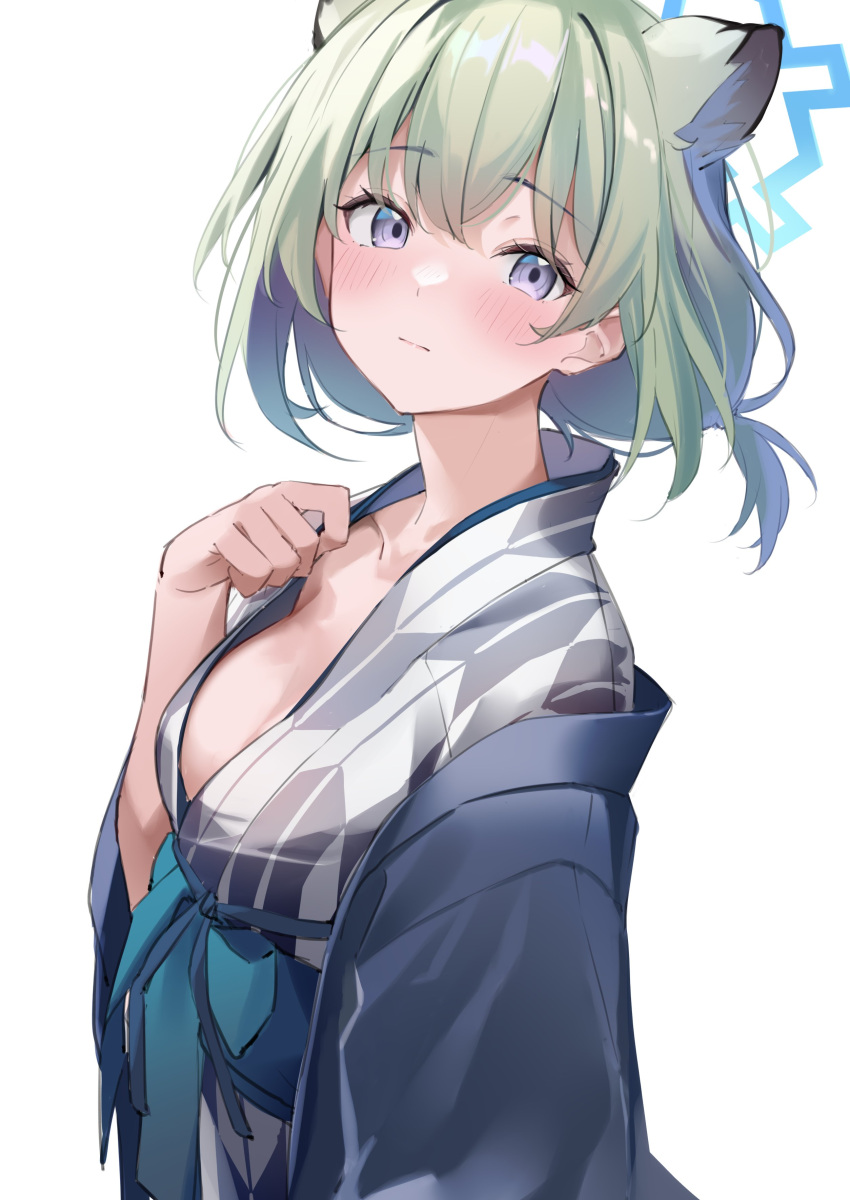 1girl absurdres adjusting_clothes animal_ears bath_yukata blue_archive blush breasts closed_mouth collarbone green_hair grey_kimono halo highres imsaibo3 japanese_clothes kimono looking_at_viewer medium_breasts medium_hair purple_eyes shigure_(blue_archive) shigure_(hot_spring)_(blue_archive) solo upper_body weasel_ears yukata