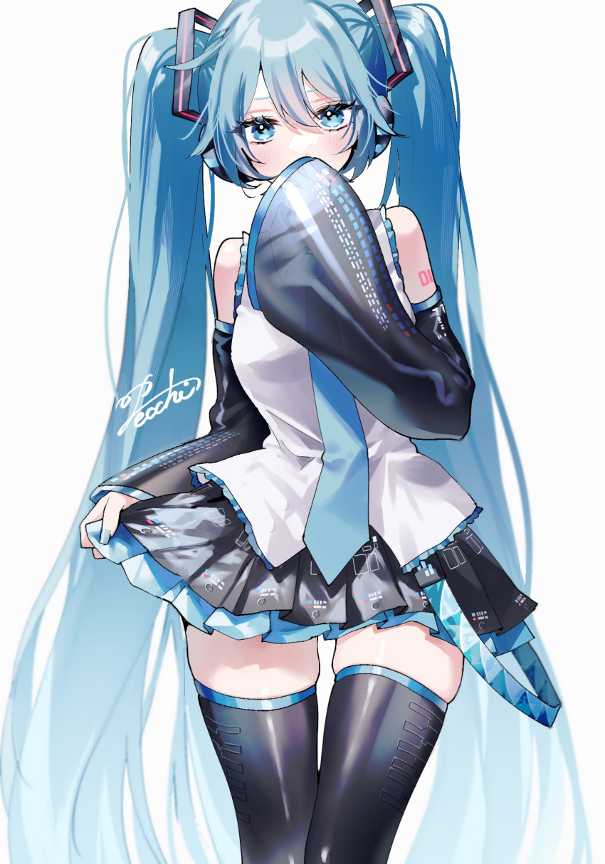 1girl aqua_eyes aqua_hair aqua_nails aqua_necktie bare_shoulders black_thighhighs breasts clothes_lift contrapposto covering_mouth cowboy_shot detached_sleeves double-parted_bangs grey_shirt hair_between_eyes hatsune_miku headphones highres lace-trimmed_shirt lace_trim layered_skirt long_hair looking_at_viewer medium_breasts miniskirt necktie pecchii pleated_skirt see-through see-through_sleeves shiny_clothes shirt signature simple_background skindentation skirt skirt_hold skirt_lift sleeveless sleeveless_shirt solo straight-on swept_bangs thighhighs twintails very_long_hair vocaloid white_background wide_hips wide_sleeves zettai_ryouiki
