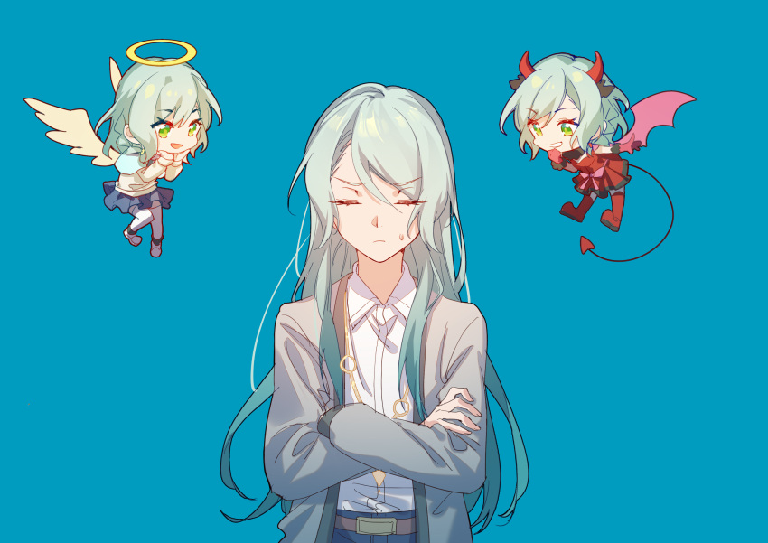 :d absurdres angel angel_and_devil angel_wings aqua_hair bang_dream! blue_background blue_skirt boots chibi chinese_commentary closed_eyes closed_mouth collared_shirt commentary_request crossed_arms demon demon_horns demon_tail demon_wings dress_shirt dual_persona gloves green_eyes grey_jacket halo highres hikawa_hina hikawa_sayo horns jacket long_hair long_sleeves looking_at_another medium_hair puffy_sleeves red_footwear red_gloves shirt shoulder_angel shoulder_devil siblings sidelocks simple_background skirt smile sweatdrop tail thigh_boots thighhighs twins upper_body walluka white_shirt white_thighhighs wings yellow_shirt