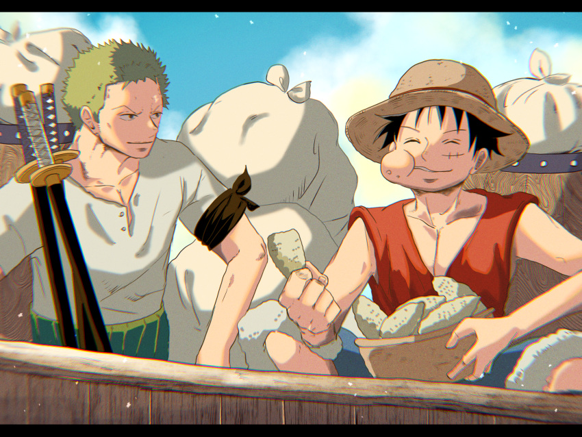 2boys bandana bandana_around_arm black_eyes black_hair closed_eyes closed_mouth cloud cloudy_sky commentary_request food green_hair hat highres holding holding_food katana letterboxed male_focus monkey_d._luffy multiple_boys one_piece outdoors red_shirt roronoa_zoro scar scar_on_cheek scar_on_face shirt short_hair short_sleeves sky sleeveless smile straw_hat suzu_(suzuran_piece) sword weapon white_shirt