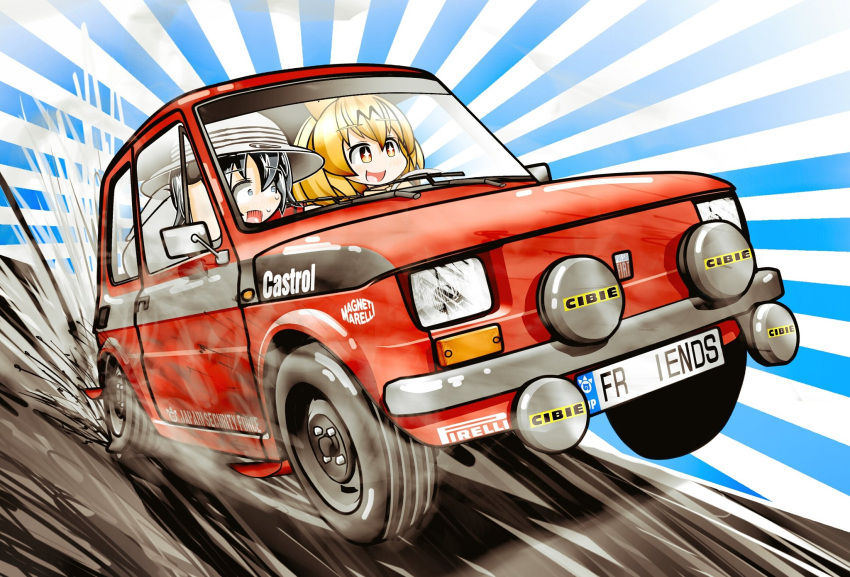 2girls car castrol commentary_request fiat fiat_126 highres kaban_(kemono_friends) kaito_(stop404man) kemono_friends license_plate motor_vehicle multiple_girls open_mouth serval_(kemono_friends)