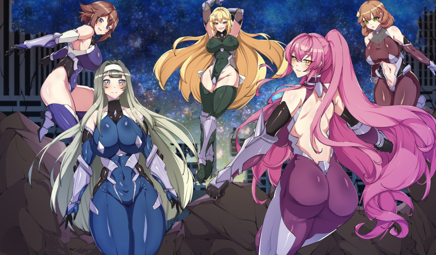 5girls absurdres ass back blonde_hair bodysuit breasts brown_hair city covered_navel detached_sleeves duel_monster english_commentary exosister_elis exosister_irene exosister_martha exosister_sophia exosister_stella gloves green_eyes grey_hair highres large_breasts latex latex_bodysuit light_blush long_hair looking_at_viewer medium_hair midriff multiple_girls navel night night_sky outdoors parody pclle2 pink_hair ponytail purple_eyes rubble ruins skin_tight sky smile star_(sky) starry_sky taimanin_(series) taimanin_suit thick_thighs thighs very_long_hair yellow_eyes yu-gi-oh!