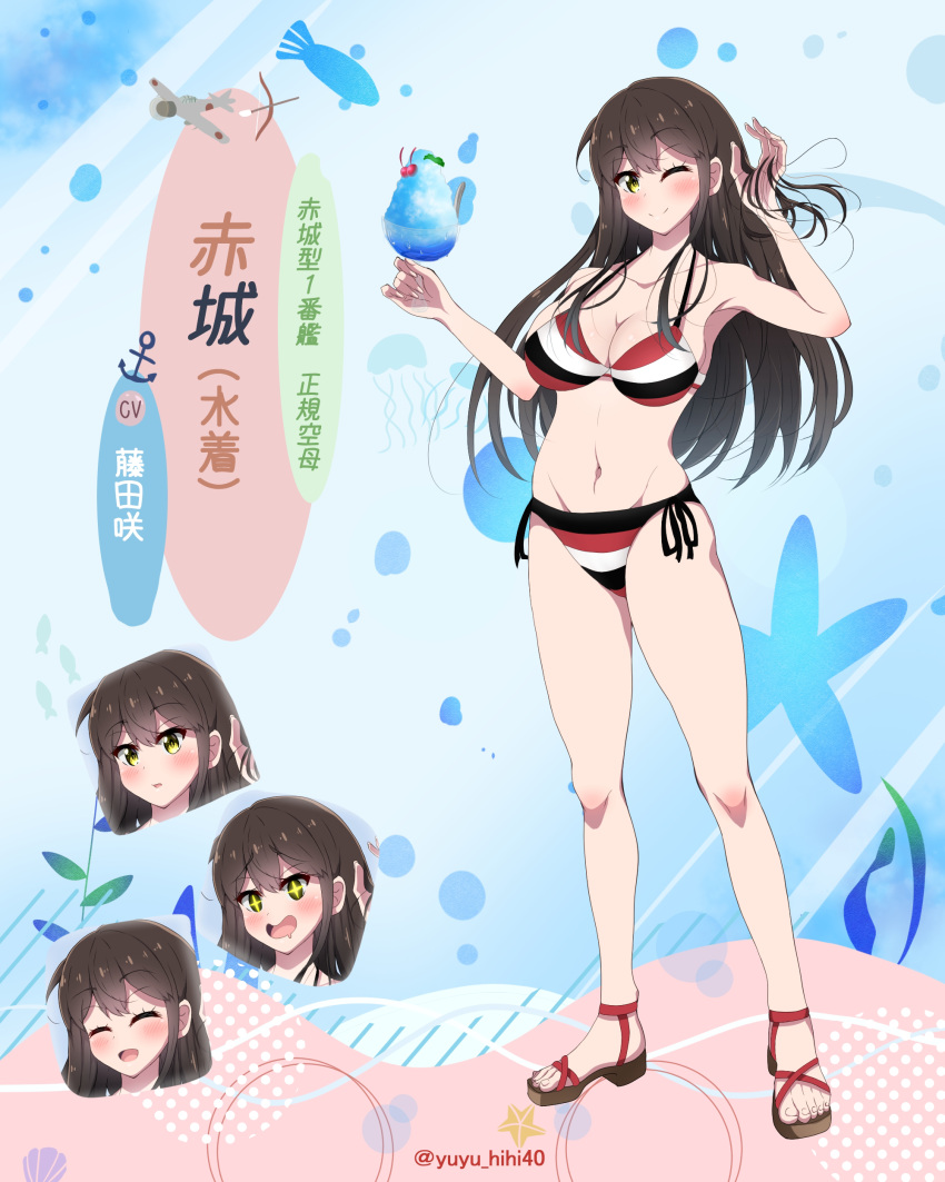 1girl absurdres akagi_(kancolle) anchor bikini black_hair breasts brown_eyes cleavage expressions full_body glass head_only highres holding kantai_collection large_breasts long_hair one_eye_closed parody side-tie_bikini_bottom solo standing striped striped_bikini swimsuit toeless_footwear yuuhi_(yuyuhihi)