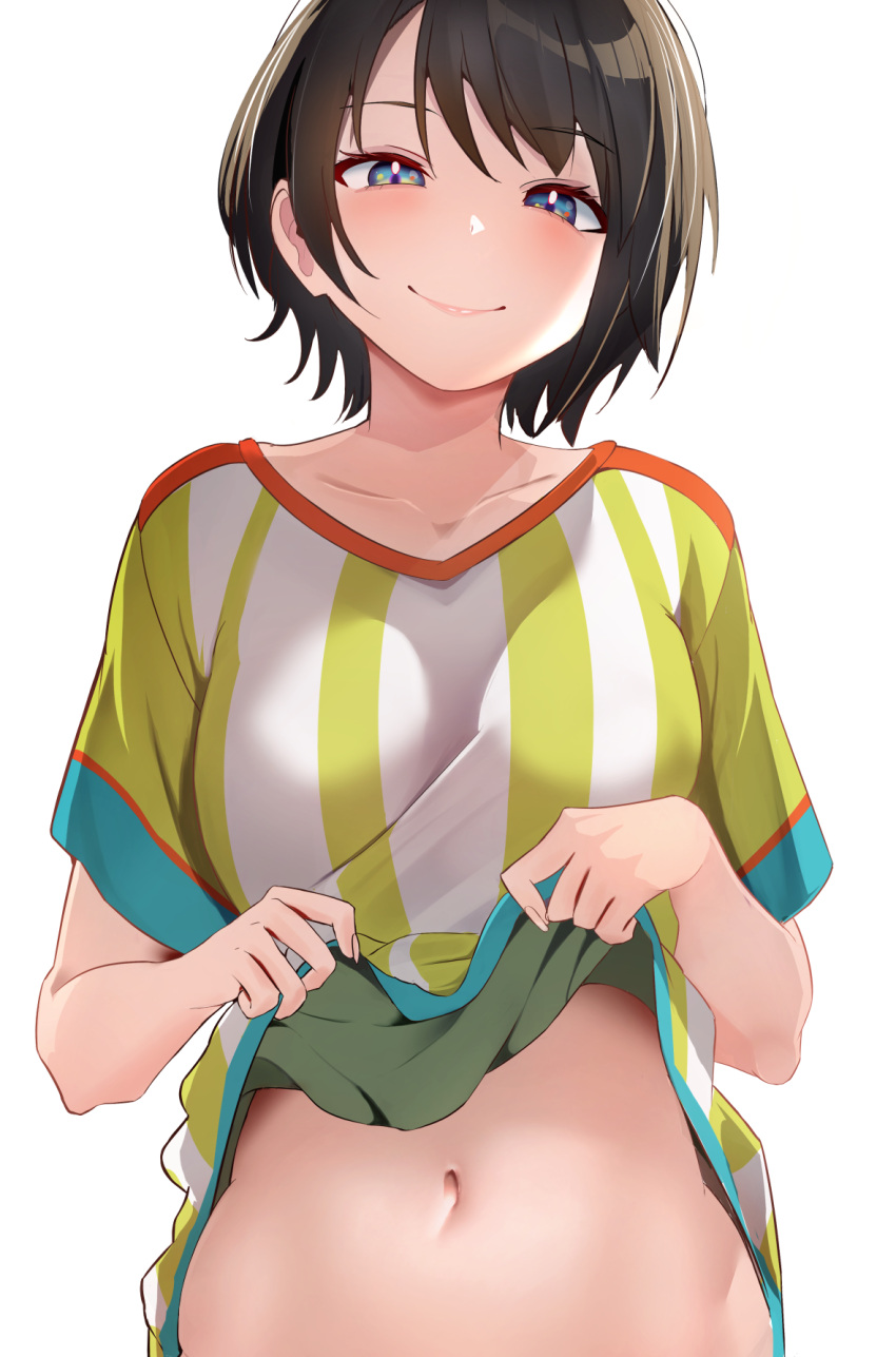 1girl blue_eyes breasts brown_hair clothes_lift collarbone commentary_request hego_0102 highres hololive lifted_by_self looking_at_viewer medium_breasts midriff navel oozora_subaru oozora_subaru_(1st_costume) shirt shirt_lift short_hair short_sleeves simple_background smile solo stomach stomach_day striped striped_shirt vertical-striped_shirt vertical_stripes virtual_youtuber white_background