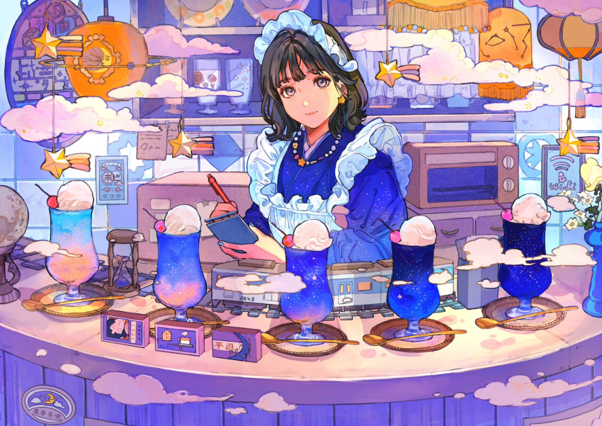 1girl apron cafe cherry cloud counter cream_soda curtains earrings eyebrows_hidden_by_hair flower food fruit highres holding holding_notepad jewelry lamp looking_at_viewer maid maid_apron maid_headdress medium_hair model_train moon necklace notepad original pen qooo003 spoon star_(sky) star_(symbol) tareme toaster_oven vase