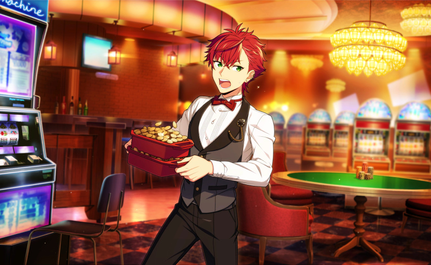 1boy black_pants bow bowtie buttons casino chair coin cowboy_shot ear_piercing earrings green_eyes happy_elements helios_rising_heroes highres holding indoors jewelry long_sleeves male_focus official_art open_mouth otori_akira pants piercing red_bow red_bowtie red_hair shirt short_hair sideways_glance solo teeth third-party_source upper_teeth_only vest white_shirt