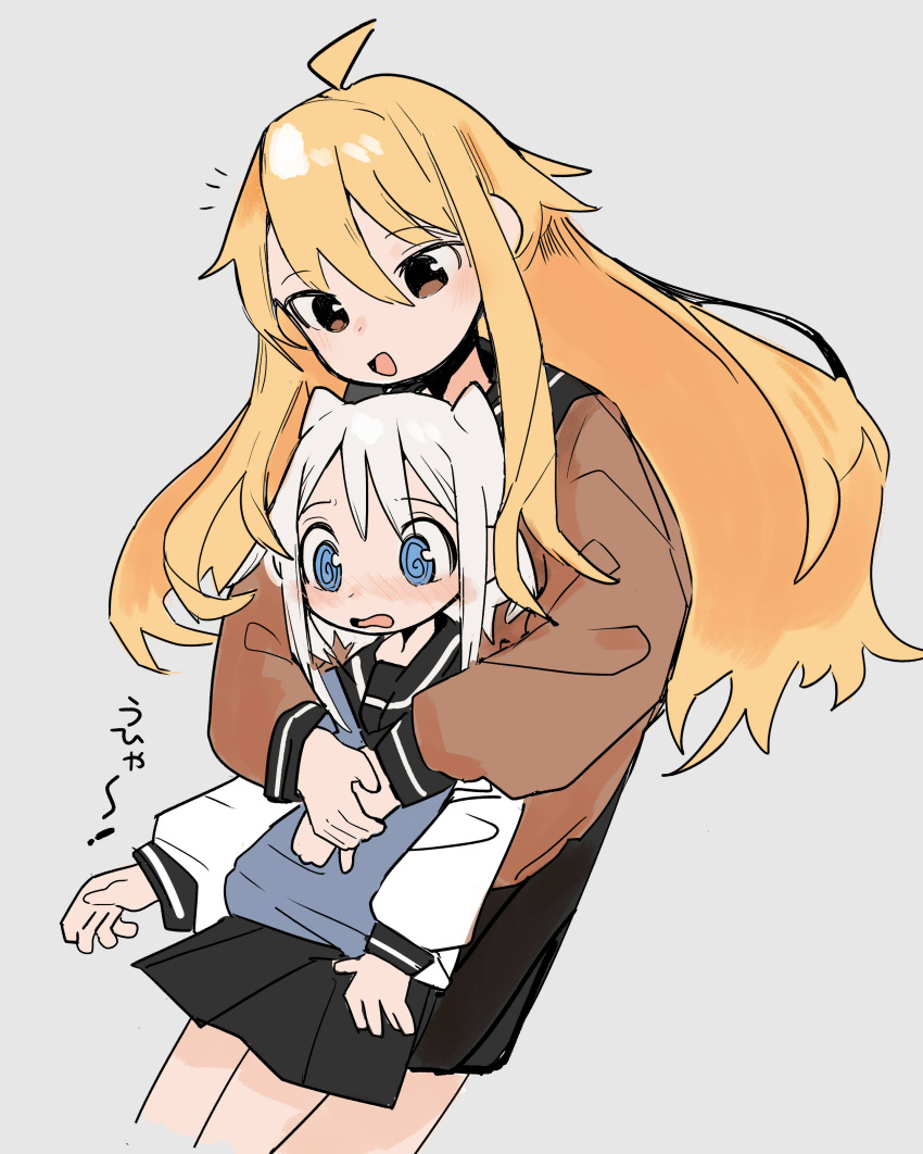 2girls @_@ absurdres aged_up ahoge black_sailor_collar black_skirt blonde_hair blue_eyes blush brown_eyes brown_shirt commentary_request cropped_legs grey_background grey_vest hair_horns height_difference highres hug hug_from_behind long_hair long_sleeves looking_at_another looking_down multiple_girls nebano2 nose_blush notice_lines null-meta open_mouth pleated_skirt sailor_collar school_uniform serafuku shirt sidelocks simple_background skirt smile takada_shiyuki translation_request uozumi_kurumi vest wavy_mouth white_hair