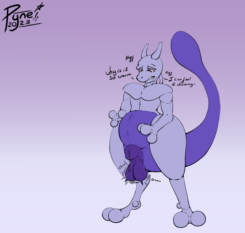 2_toes 3_fingers animal_genitalia anthro balls digitigrade english_text feet fingers generation_1_pokemon genitals hi_res horn legendary_pokemon male mewtwo nintendo pokemon pokemon_(species) pyne_(artist) sheath slightly_chubby solo tail text toes wince