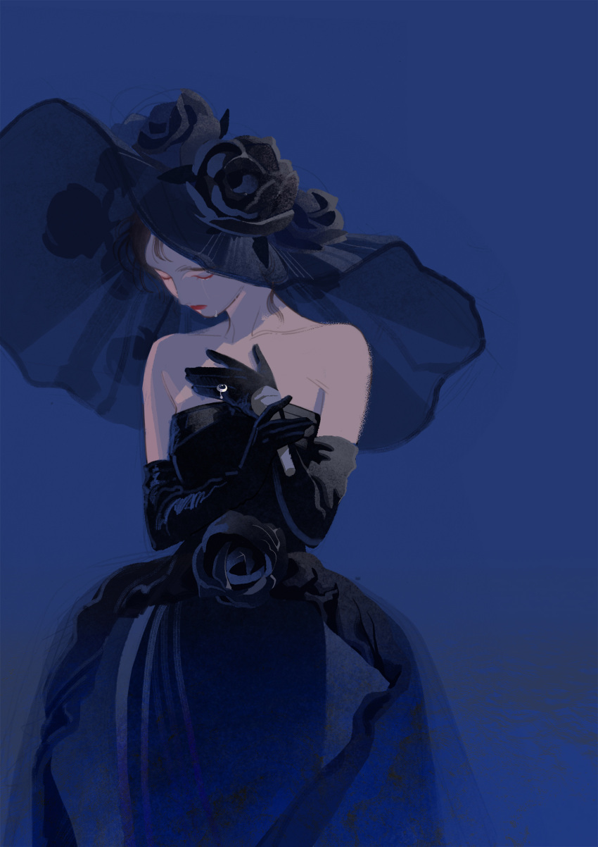 1girl bare_shoulders black_dress black_flower black_gloves black_rose blue_background blue_dress blue_theme breasts brown_hair closed_mouth colored_eyelashes crying dress elbow_gloves facing_down flower gloves gown hand_on_own_chest hands_up hat hat_flower highres jewelry large_hat lipstick makeup nakamori_akina real_life ring rose sad sainker simple_background small_breasts solo strapless strapless_dress