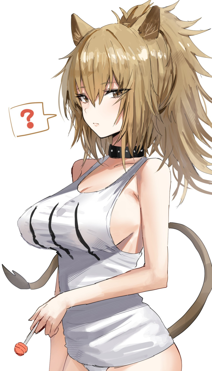 1girl ? animal_ears arknights bare_arms bare_shoulders black_collar blonde_hair breasts brown_eyes candy closed_mouth collar collarbone commentary expressionless food from_side hair_between_eyes highres holding holding_candy holding_food holding_lollipop horn/wood impossible_clothes large_breasts lion_ears lion_girl lion_tail lollipop looking_at_viewer low-cut_armhole medium_hair no_pants ponytail sideboob sideways_glance siege_(arknights) simple_background solo spoken_question_mark tail tail_raised tank_top upper_body white_background white_tank_top