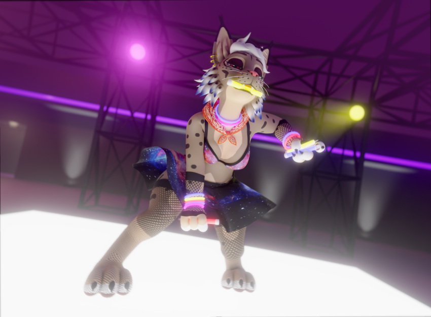 2022 3d_(artwork) action_pose anthro armwear bandanna bedroom_eyes blender_(software) blender_cycles blue_highlights bottomwear bra breasts brown_body cervidaeaxis cheek_tuft claws clothed clothing clothing_lift colorful dance_floor dancing digital_media_(artwork) dutch_angle ear_piercing eyeshadow facial_tuft felid feline female fishnet fishnet_armwear fishnet_legwear flipside_(lynx) glowstick glowstick_bracelet glowstick_in_mouth glowstick_necklace hair hi_res highlights_(coloring) industrial_piercing kerchief legwear lingerie low-angle_view lynx makeup mammal narrowed_eyes neckerchief nightclub piercing pink_nose pose raised_bottomwear raised_clothing raised_skirt rave red_eyes seductive skimpy skirt skirt_lift solo spotlight spots spotted_body thick_thighs thigh_highs toe_claws toeless_(marking) tuft tufted_ears underwear whiskers white_hair wind_lift