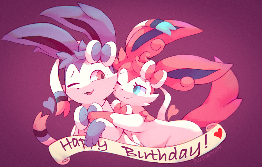 &lt;3 2023 absurd_res birthday blue_eyes digital_media_(artwork) eeveelution embrace english_text fakemon female generation_6_pokemon hi_res hug hugging_from_behind male male/female nintendo one_eye_closed open_mouth pink_eyes pokemon pokemon_(species) purpleninfy signature simple_background smile sylveon text tongue white_body wink