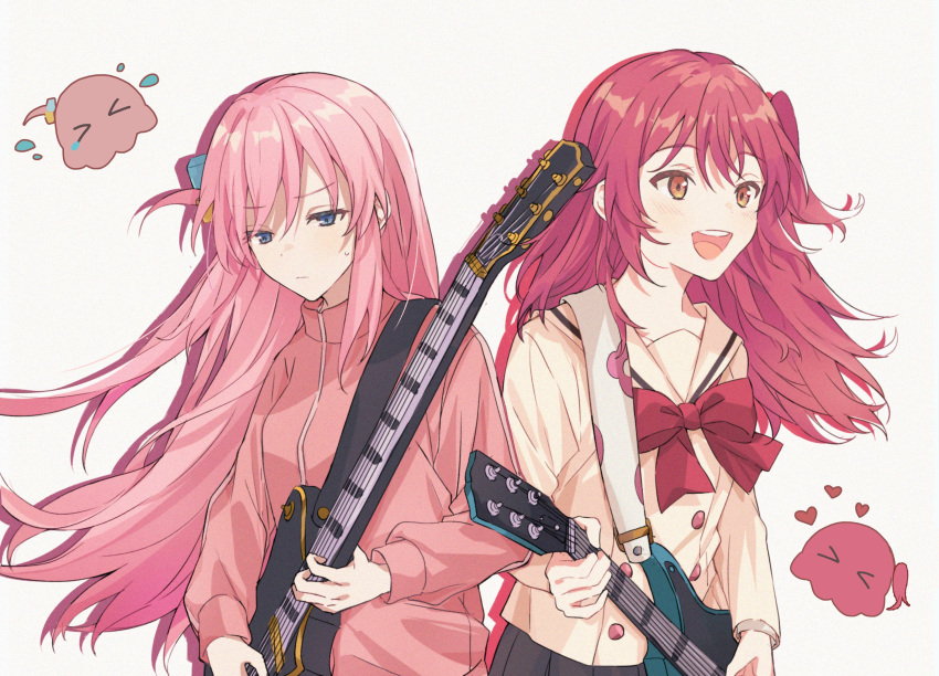 2girls absurdres black_skirt blue_eyes blush bocchi_the_rock! bow brown_sailor_collar closed_mouth cube_hair_ornament electric_guitar gibson_les_paul gotoh_hitori gotoh_hitori_(octopus) guitar hair_ornament highres holding holding_instrument icercck instrument jacket kita_ikuyo long_hair long_sleeves multiple_girls music one_side_up open_mouth orange_eyes pink_jacket playing_instrument pleated_skirt red_bow red_hair sailor_collar school_uniform shoulder_strap shuka_high_school_uniform sidelocks skirt sweat teeth track_jacket upper_body upper_teeth_only white_background