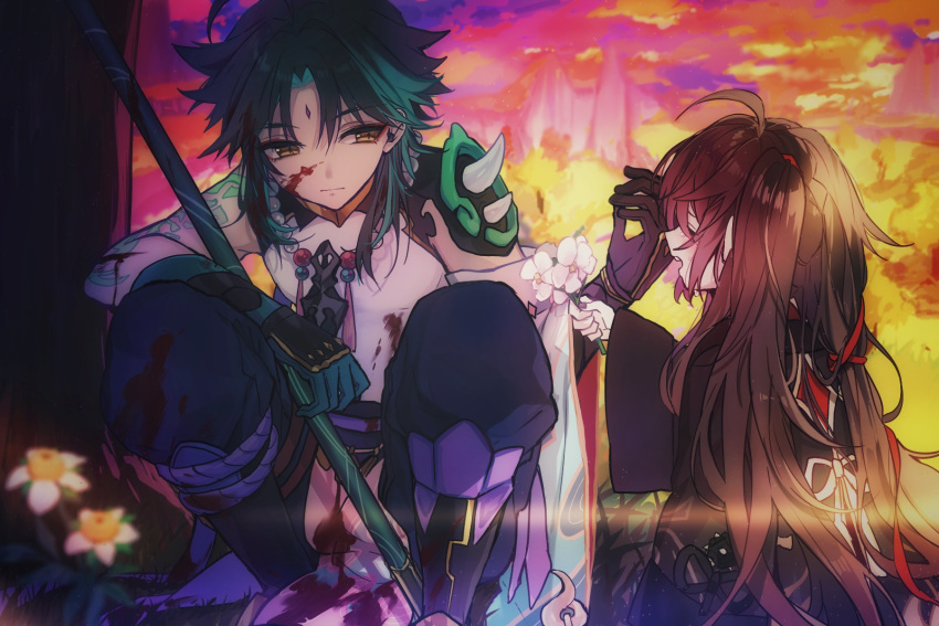 1boy 1girl aged_down blood blood_on_clothes blood_on_face brown_hair commentary_request flower genshin_impact green_hair highres holding holding_flower hoshiyui_tsukino hu_tao_(genshin_impact) long_hair medium_hair outdoors polearm sitting sunset weapon xiao_(genshin_impact) yellow_eyes