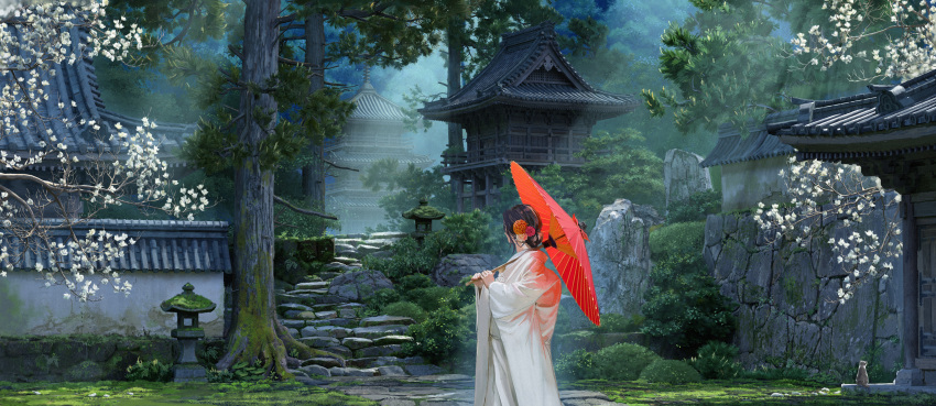 1girl architecture black_hair brown_hair building bush cat commentary_request day east_asian_architecture facing_away feet_out_of_frame flower forest grass hair_bun hair_flower hair_ornament highres holding holding_umbrella japanese_clothes kimono light_rays long_hair nature oil-paper_umbrella original outdoors rock scenery solo stairs standing stone_lantern stone_stairs stone_walkway sunbeam sunlight tenca_arts tree umbrella wall white_flower white_kimono wide_shot