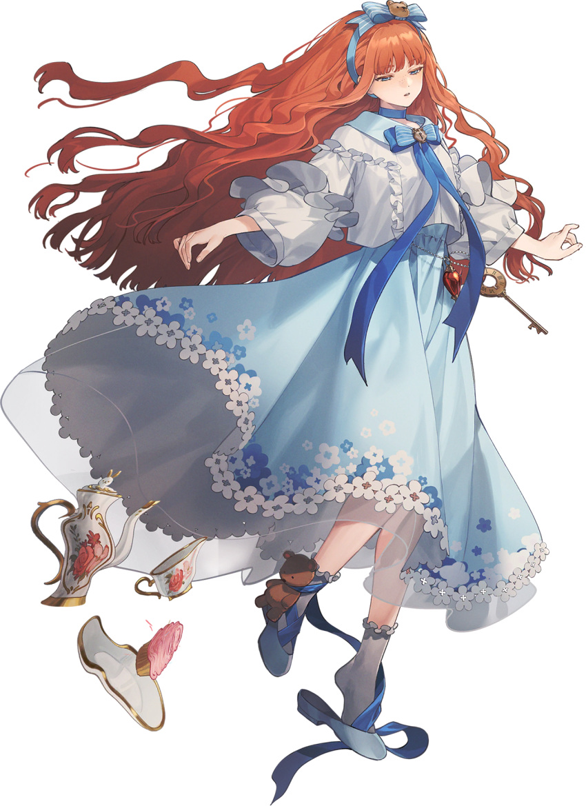1girl ankle_ribbon baby_blue blue_bow blue_bowtie blue_dress blue_eyes blue_ribbon bow bowtie cup dress flats floating flower-trimmed_dress flower_trim full_body highres jacket key leg_ribbon long_hair long_sleeves official_art orange_hair parted_lips plate puffy_long_sleeves puffy_sleeves reverse:1999 ribbon shoe_dangle shoes sidelocks solo stuffed_animal stuffed_toy surreal tachi-e teacup teapot teddy_bear third-party_source transparent_background very_long_hair white_footwear white_jacket