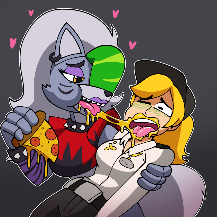 1:1 2023 after_kiss animatronic anthro blonde_hair bodily_fluids breasts canid canine canis digital_drawing_(artwork) digital_media_(artwork) disgust duo female female/female five_nights_at_freddy's five_nights_at_freddy's:_security_breach food forced gradient_background green_hair grey_background hair hi_res holding_food holding_object holding_pizza human kissing lipstick machine makeup mammal one_eye_closed open_mouth pizza purple_lipstick robot roxanne_wolf_(fnaf) saliva saliva_string scottgames shippart simple_background steel_wool_studios tongue tongue_out vanessa_(fnaf) white_hair wolf