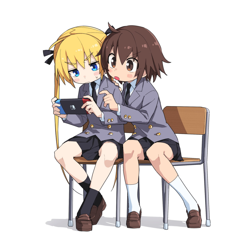 2girls black_necktie black_skirt black_socks blonde_hair blue_eyes blush brown_eyes brown_footwear brown_hair closed_mouth full_body grey_jacket hair_between_eyes handheld_game_console highres holding jacket kill_me_baby loafers long_hair long_sleeves multiple_girls necktie nintendo_switch open_mouth oribe_yasuna pleated_skirt ribbon school_uniform shirt shoes short_hair simple_background sitting skirt socks sonya_(kill_me_baby) sweat twintails white_background white_shirt white_socks yachima_tana