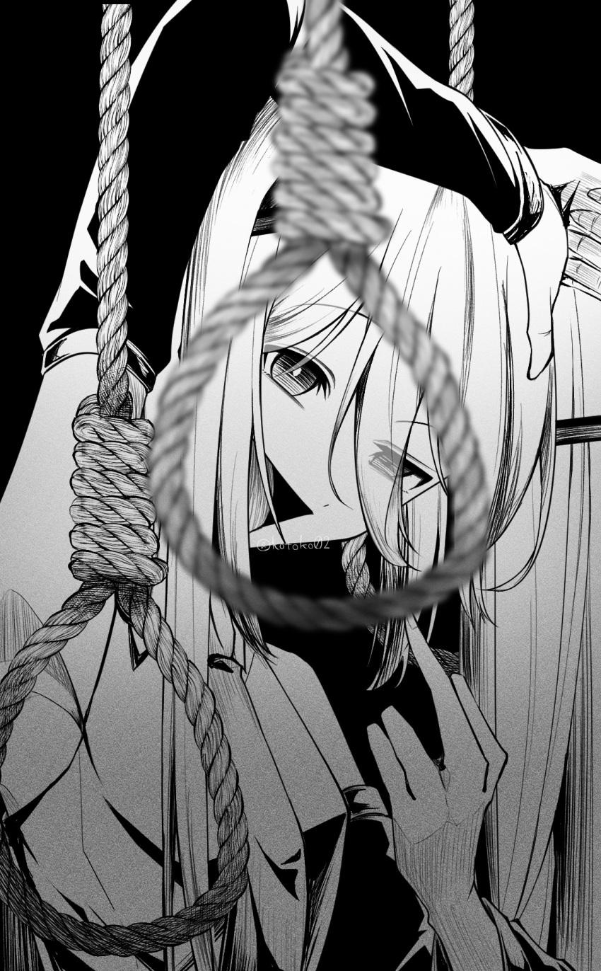 1girl arm_up armpits blurry blurry_foreground breasts bright_pupils commentary_request detached_sleeves greyscale hair_over_one_eye half-closed_eyes hatsune_miku highres kotoko0 looking_at_viewer looking_to_the_side middle_finger monochrome necktie noose open_mouth raised_eyebrow shinitagari_(vocaloid) shirt simple_background sleeveless sleeveless_shirt small_breasts smile solo thumbs_down uneven_eyes upper_body vocaloid