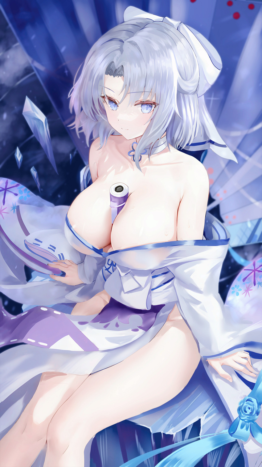 1girl absurdres age_fx azur_lane bare_shoulders between_breasts blue_eyes bow breasts collarbone hair_bow highres japanese_clothes kimono large_breasts looking_at_viewer obi pelvic_curtain sash scroll senran_kagura sitting solo thighs white_bow white_hair white_kimono yumi_(senran_kagura)