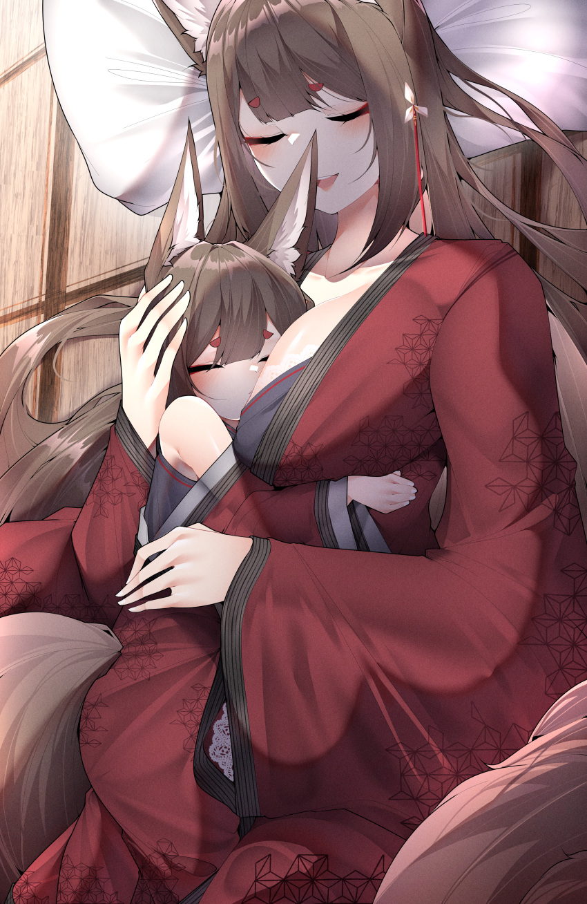 2girls absurdres amagi-chan_(azur_lane) amagi_(azur_lane) animal_ears arm_under_breasts azur_lane bare_shoulders between_breasts blush breasts brown_hair closed_eyes cuddling eyeshadow fox_ears fox_girl fox_tail hair_between_eyes hair_ornament hand_on_another's_head hands_up happy head_between_breasts head_on_chest highres hug japanese_clothes kimono kitsune large_breasts long_hair lying makeup multiple_girls multiple_tails off_shoulder on_back on_side open_mouth print_kimono red_eyeshadow red_kimono samip sleeping sleeping_on_person smile tail teeth upper_teeth_only very_long_hair