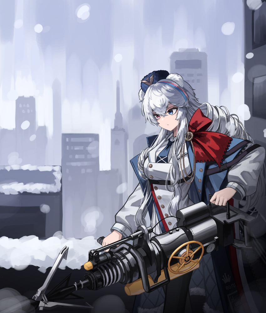 1girl absurdres animal_ears arknights bear_ears bear_girl blue_eyes blue_hair blue_headwear blue_necktie bow breasts buttons city coat hair_between_eyes harpoon_gun hat heterochromia highres holding holding_weapon kimsuwan2013 long_hair medium_breasts multicolored_hair necktie outdoors pink_hair red_bow red_eyes rosa_(arknights) snow solo streaked_hair wavy_hair weapon white_coat white_hair