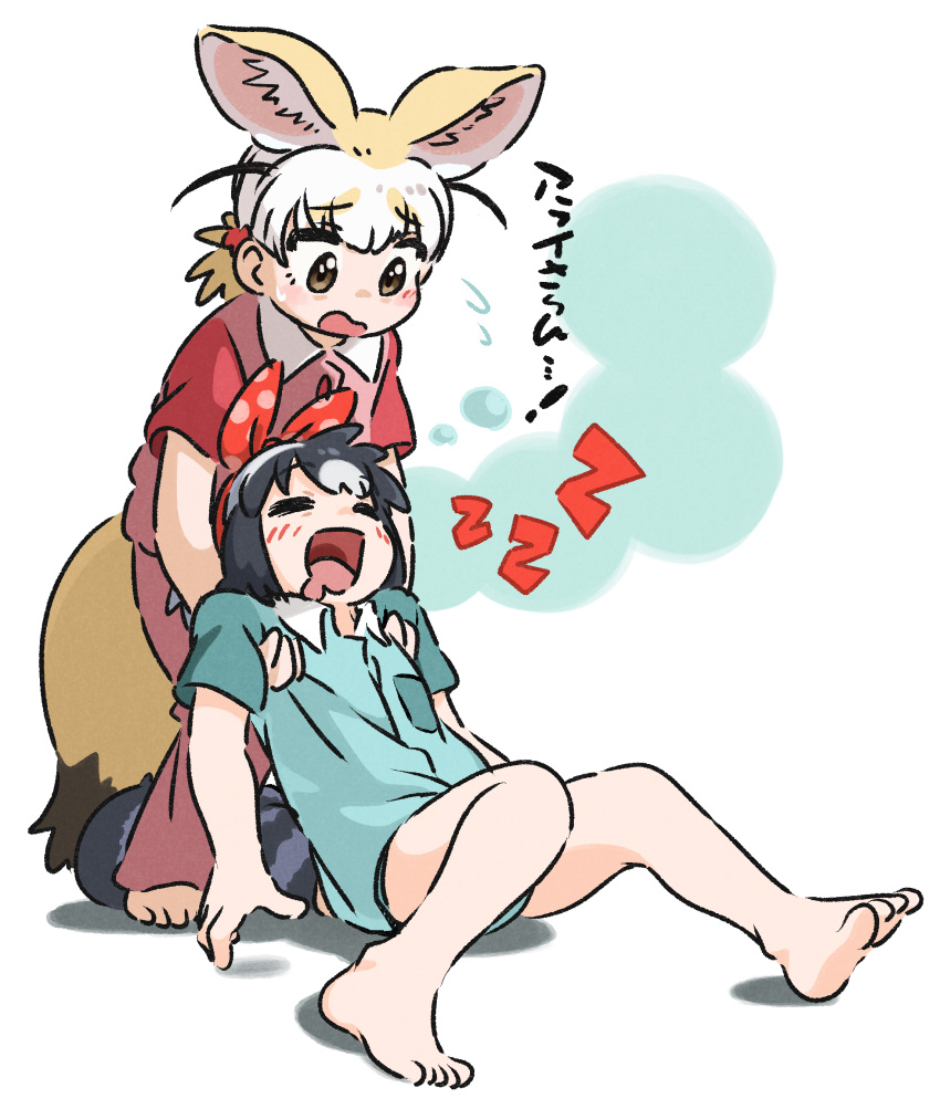 2girls :d absurdres animal_ears appleq barefoot black_hair blonde_hair blue_shirt blush brown_eyes closed_eyes collared_shirt commentary_request common_raccoon_(kemono_friends) dress_shirt drooling fennec_(kemono_friends) flying_sweatdrops fox_ears fox_girl fox_tail highres kemono_friends mouth_drool multicolored_hair multiple_girls pajamas pants pink_pants pink_shirt raccoon_ears raccoon_girl raccoon_tail shirt short_sleeves simple_background smile striped_tail sweat tail translation_request two-tone_hair wavy_mouth white_background white_hair zzz