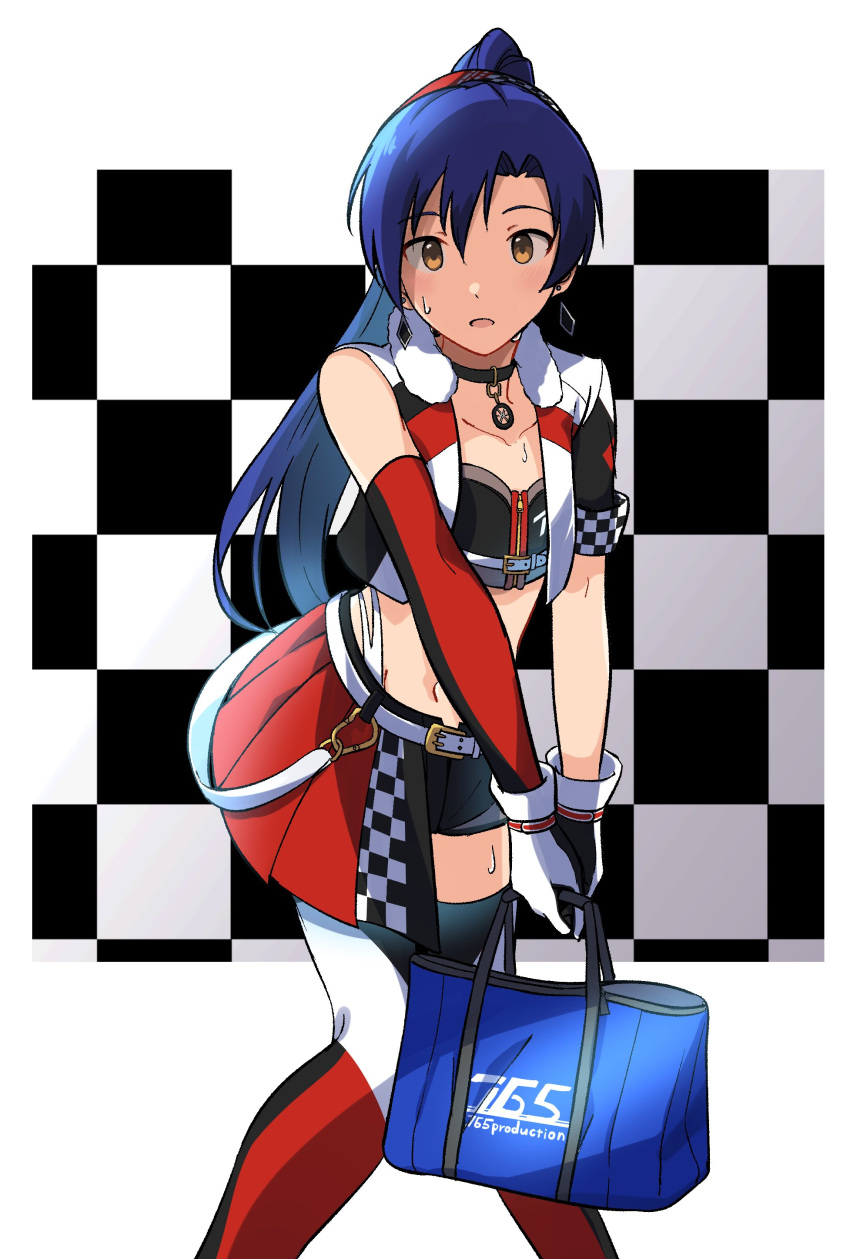 1girl absurdres asymmetrical_sleeves bag blue_bag blue_hair blush bow brown_eyes checkered_background checkered_clothes collarbone crop_top cropped_jacket earrings flat_chest gloves hair_ornament highres holding holding_bag idolmaster idolmaster_(classic) idolmaster_million_live! idolmaster_million_live!_theater_days jewelry kisaragi_chihaya long_hair looking_at_viewer midriff nashiki_053 navel open_mouth overskirt pendant_choker short_shorts shorts solo standing sweatdrop thighhighs uneven_sleeves white_gloves