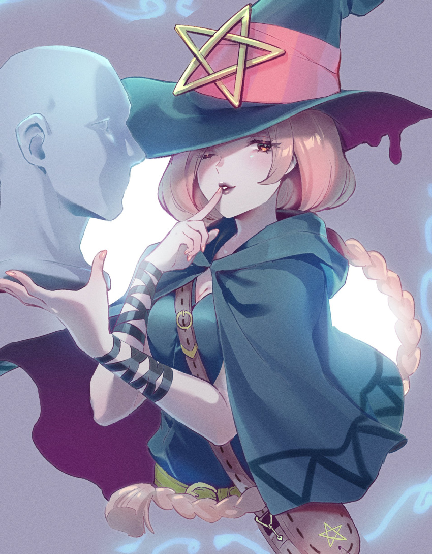 1girl absurdres ace_attorney blue_cape blue_headwear blue_shirt braid brown_bag brown_eyes bust_(sculpture) cape cropped_torso esmeralda_tusspells finger_to_mouth hand_up hat hat_ornament highres holding long_hair looking_at_viewer one_eye_closed parted_lips pink_hair purple_lips shirt single_braid solo star_(symbol) star_hat_ornament the_great_ace_attorney the_great_ace_attorney_2:_resolve very_long_hair witch_hat zuzuko