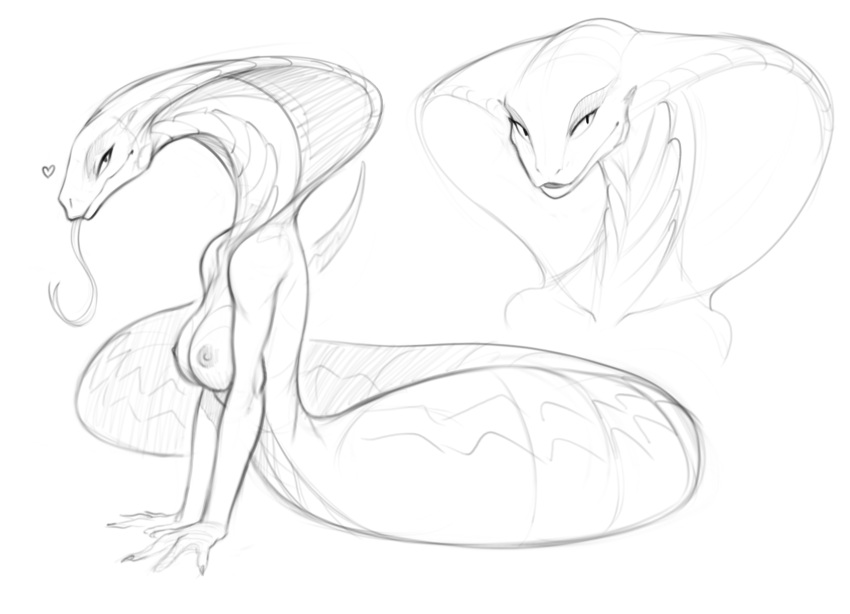 &lt;3 anthro apode breasts cobra draconcopode female forked_tongue hi_res legless line_art looking_at_viewer lying naga nipples non-mammal_breasts nude on_front reptile scalie seductive serpentine side_view simple_background sketch smile smiling_at_viewer snake solo tongue tongue_out w4g4 white_background