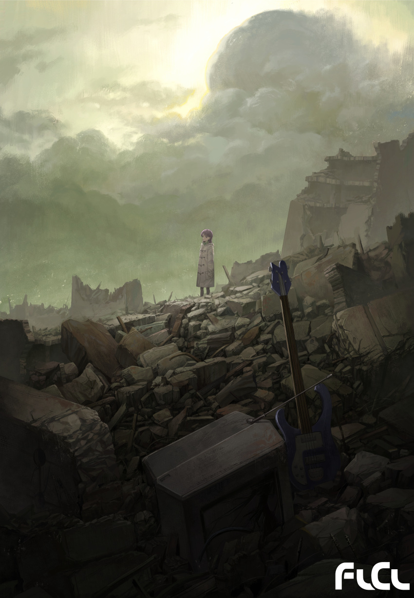 1girl abandoned absurdres bass_guitar cloud cloudy_sky coat commentary copyright_name flcl green_scarf highres instrument looking_at_viewer ninamori_eri outdoors purple_eyes purple_hair rubble scarf sky solo subfiction television white_coat wide_shot