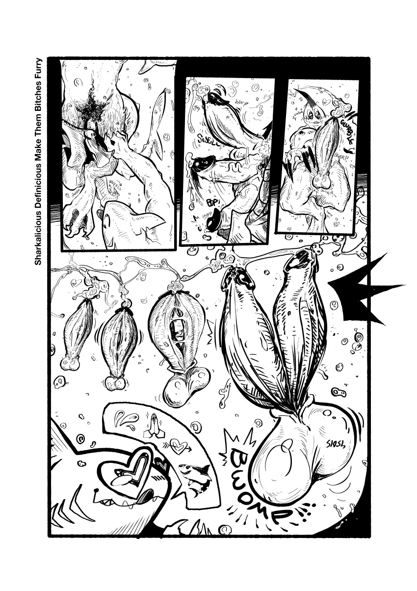 &lt;3 &lt;3_eyes 2_penises absurd_res black_and_white blush blush_lines clawed_fingers claws cock_transformation comic ejaculation emoji enchanted_item english_text fish frill_(anatomy) furry_transformation genital_growth genitals gills growth head_crest head_frill hi_res human human_to_furry koboldorion licking licking_lips mammal marine monochrome multi_genitalia multi_penis penis penis_growth shark shark_penis sharkalicious silly simple_background text toe_claws tongue tongue_out transformation underwater water white_background